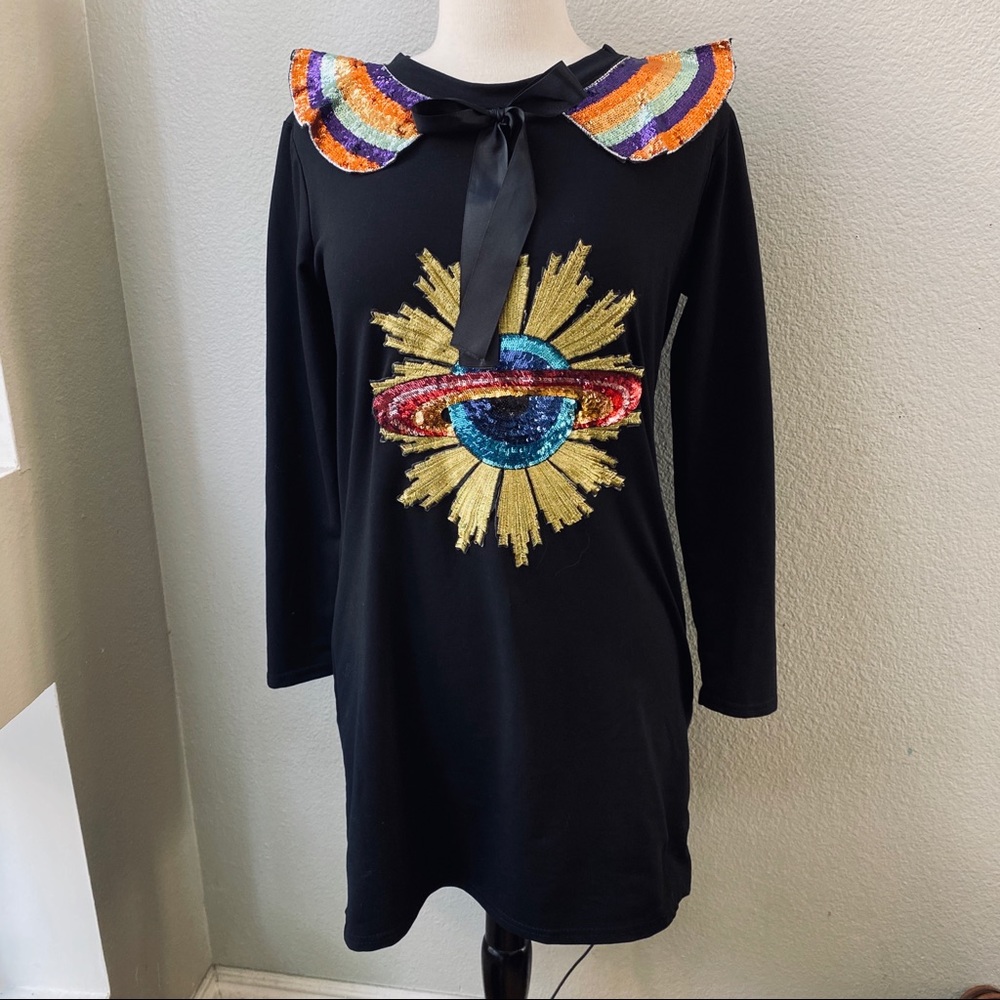 Saturn Rainbow Sequin Patch Black Collared Dress - image 1